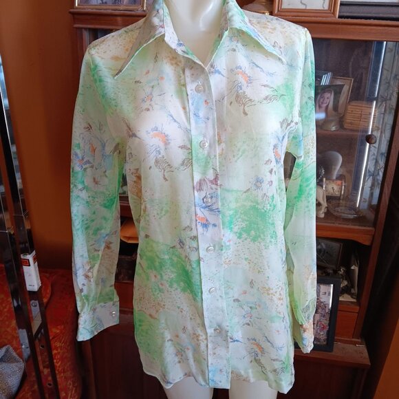 Vintage 70's Medium Sheer Floral Button-Down Blouse Long Sleeve Retro Pykettes - Picture 2 of 10